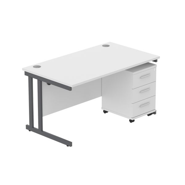 Double Upright Rectangular Desk + 3 Drawer Mobile Under Desk Pedestal (FSC) | 1400X800 | Arctic White/Graphite