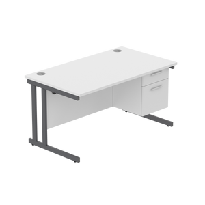 Office Rectangular Desk with Steel Double Upright Cantilever Legs + 2 Drawer Fixed Pedestal (FSC) | 1400X800 | Arctic White/Graphite