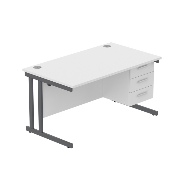 Office Rectangular Desk with Steel Double Upright Cantilever Legs + 3 Drawer Fixed Pedestal (FSC) | 1400X800 | Arctic White/Graphite