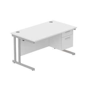 Office Rectangular Desk with Steel Double Upright Cantilever Legs + 2 Drawer Fixed Pedestal (FSC) | 1400X800 | Arctic White/Silver