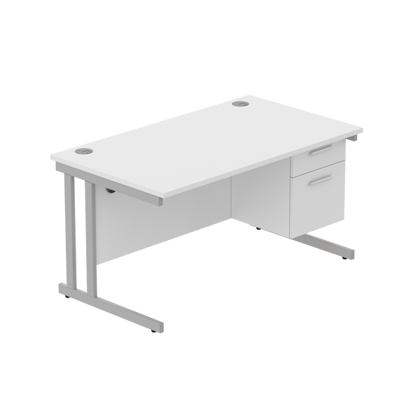 Office Rectangular Desk with Steel Double Upright Cantilever Legs + 2 Drawer Fixed Pedestal (FSC) | 1400X800 | Arctic White/Silver