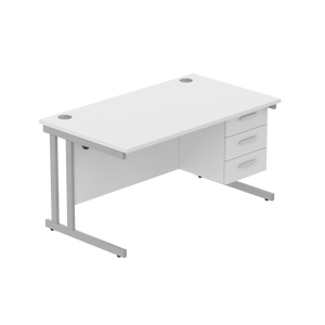 Office Rectangular Desk with Steel Double Upright Cantilever Legs + 3 Drawer Fixed Pedestal (FSC) | 1400X800 | Arctic White/Silver