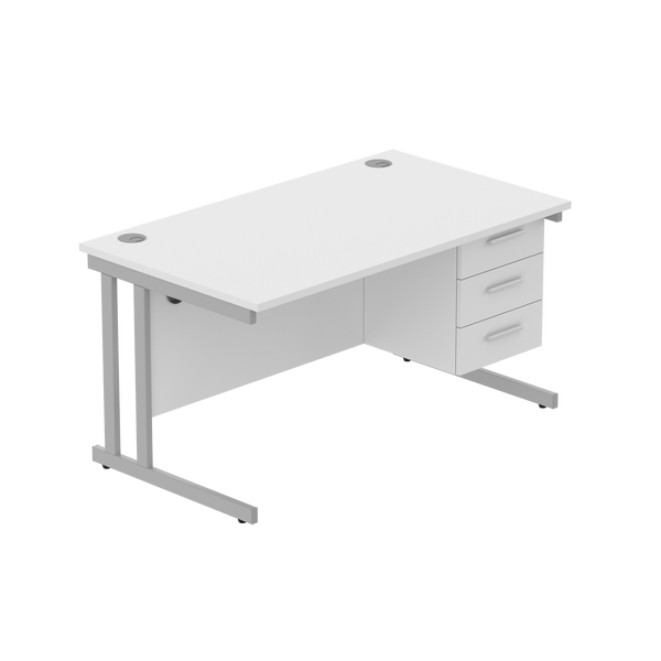 Office Rectangular Desk with Steel Double Upright Cantilever Legs + 3 Drawer Fixed Pedestal (FSC) | 1400X800 | Arctic White/Silver