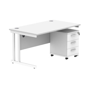 Double Upright Rectangular Desk + 3 Drawer Mobile Under Desk Pedestal (FSC) | 1400X800 | Arctic White/White