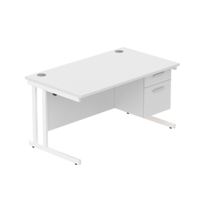 Office Rectangular Desk with Steel Double Upright Cantilever Legs + 2 Drawer Fixed Pedestal (FSC) | 1400X800 | Arctic White/White