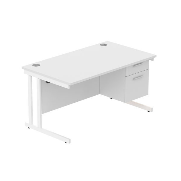 Office Rectangular Desk with Steel Double Upright Cantilever Legs + 2 Drawer Fixed Pedestal (FSC) | 1400X800 | Arctic White/White