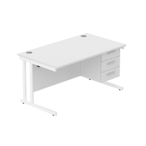 Office Rectangular Desk with Steel Double Upright Cantilever Legs + 3 Drawer Fixed Pedestal (FSC) | 1400X800 | Arctic White/White