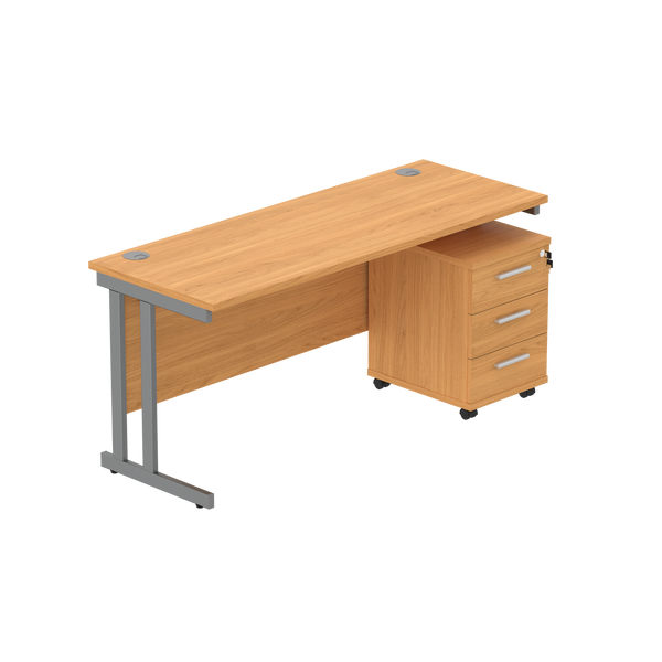 Double Upright Rectangular Desk + 3 Drawer Mobile Under Desk Pedestal (FSC) | 1600X600 | Norwegian Beech/Graphite