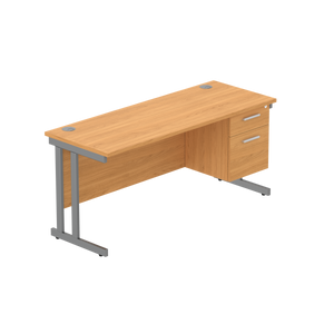 Office Rectangular Desk with Steel Double Upright Cantilever Legs + 2 Drawer Fixed Pedestal (FSC) | 1600X600 | Norwegian Beech/Graphite