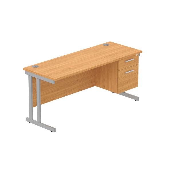 Office Rectangular Desk with Steel Double Upright Cantilever Legs + 2 Drawer Fixed Pedestal (FSC) | 1600X600 | Norwegian Beech/Silver