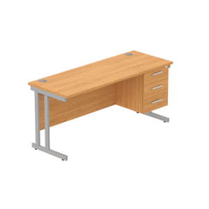 Office Rectangular Desk with Steel Double Upright Cantilever Legs + 3 Drawer Fixed Pedestal (FSC) | 1600X600 | Norwegian Beech/Silver