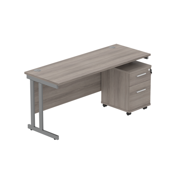 Double Upright Rectangular Desk + 2 Drawer Mobile Under Desk Pedestal (FSC) | 1600X600 | Alaskan Grey Oak/Graphite