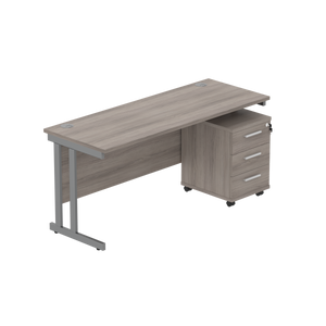Double Upright Rectangular Desk + 3 Drawer Mobile Under Desk Pedestal (FSC) | 1600X600 | Alaskan Grey Oak/Graphite