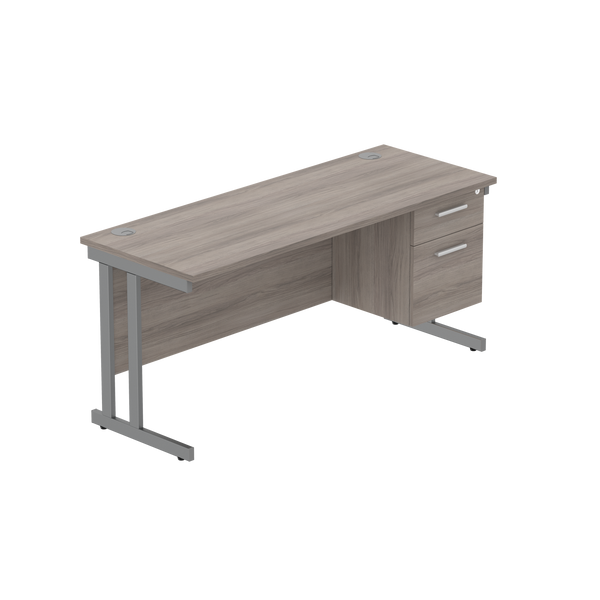 Office Rectangular Desk with Steel Double Upright Cantilever Legs + 2 Drawer Fixed Pedestal (FSC) | 1600X600 | Alaskan Grey Oak/Graphite