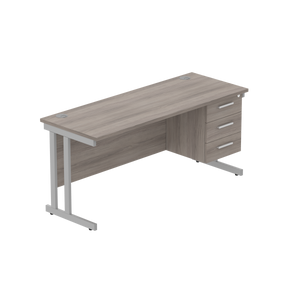 Office Rectangular Desk with Steel Double Upright Cantilever Legs + 3 Drawer Fixed Pedestal (FSC) | 1600X600 | Alaskan Grey Oak/Silver