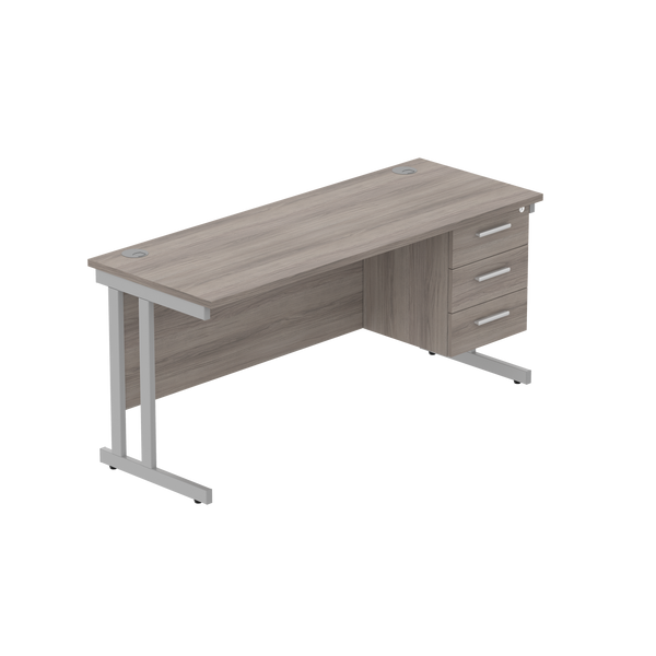 Office Rectangular Desk with Steel Double Upright Cantilever Legs + 3 Drawer Fixed Pedestal (FSC) | 1600X600 | Alaskan Grey Oak/Silver