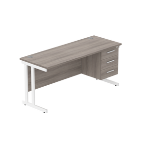 Office Rectangular Desk with Steel Double Upright Cantilever Legs + 3 Drawer Fixed Pedestal (FSC) | 1600X600 | Alaskan Grey Oak/White