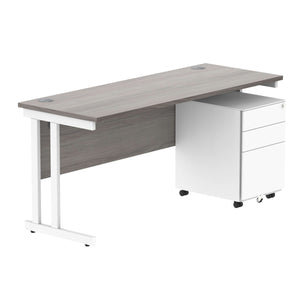 Double Upright Rectangular Desk + Under Desk Steel Pedestal 3 Drawers (FSC) | 1600X600 | Alaskan Grey Oak/White