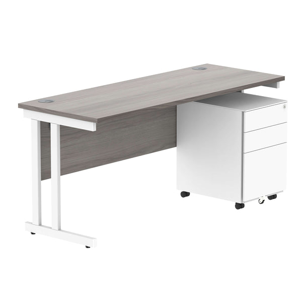 Double Upright Rectangular Desk + Under Desk Steel Pedestal 3 Drawers (FSC) | 1600X600 | Alaskan Grey Oak/White