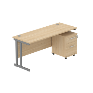 Double Upright Rectangular Desk + 2 Drawer Mobile Under Desk Pedestal (FSC) | 1600X600 | Canadian Oak/Graphite