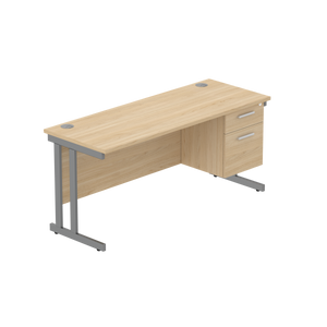 Office Rectangular Desk with Steel Double Upright Cantilever Legs + 2 Drawer Fixed Pedestal (FSC) | 1600X600 | Canadian Oak/Graphite