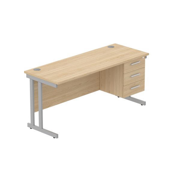 Office Rectangular Desk with Steel Double Upright Cantilever Legs + 3 Drawer Fixed Pedestal (FSC) | 1600X600 | Canadian Oak/Silver