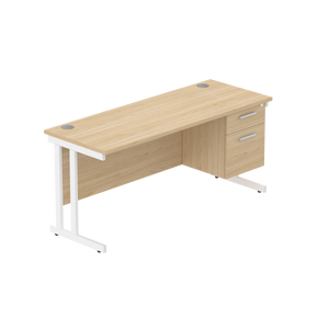 Office Rectangular Desk with Steel Double Upright Cantilever Legs + 2 Drawer Fixed Pedestal (FSC) | 1600X600 | Canadian Oak/White