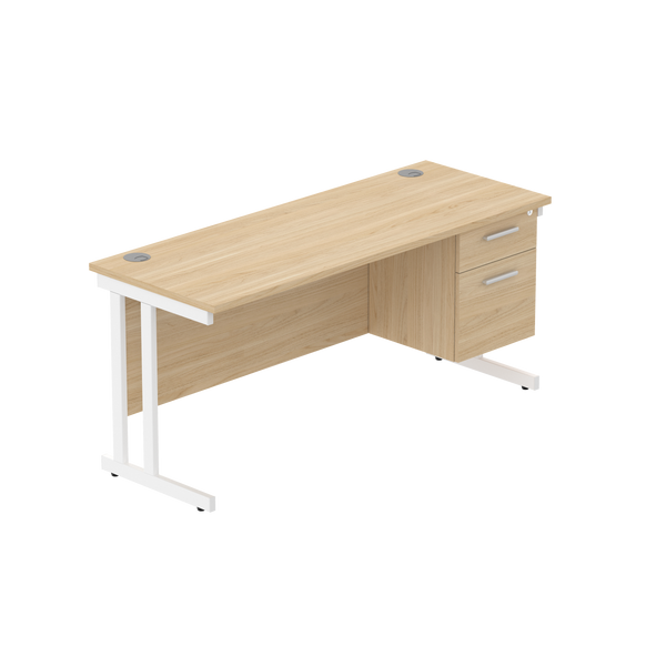Office Rectangular Desk with Steel Double Upright Cantilever Legs + 2 Drawer Fixed Pedestal (FSC) | 1600X600 | Canadian Oak/White
