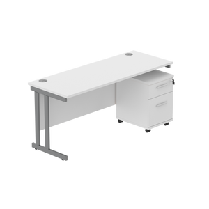Double Upright Rectangular Desk + 2 Drawer Mobile Under Desk Pedestal (FSC) | 1600X600 | Arctic White/Graphite