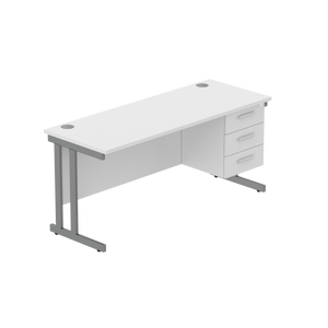 Office Rectangular Desk with Steel Double Upright Cantilever Legs + 3 Drawer Fixed Pedestal (FSC) | 1600X600 | Arctic White/Graphite