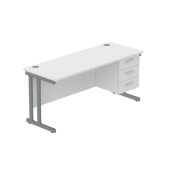 Office Rectangular Desk with Steel Double Upright Cantilever Legs + 3 Drawer Fixed Pedestal (FSC) | 1600X600 | Arctic White/Graphite
