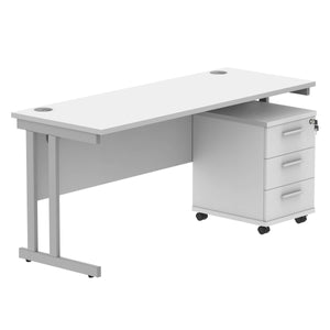 Double Upright Rectangular Desk + 3 Drawer Mobile Under Desk Pedestal (FSC) | 1600X600 | Arctic White/Silver