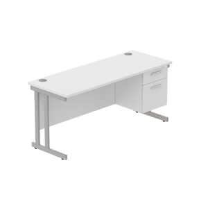 Office Rectangular Desk with Steel Double Upright Cantilever Legs + 2 Drawer Fixed Pedestal (FSC) | 1600X600 | Arctic White/Silver