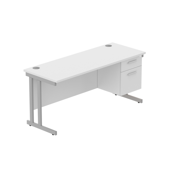Office Rectangular Desk with Steel Double Upright Cantilever Legs + 2 Drawer Fixed Pedestal (FSC) | 1600X600 | Arctic White/Silver