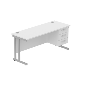 Office Rectangular Desk with Steel Double Upright Cantilever Legs + 3 Drawer Fixed Pedestal (FSC) | 1600X600 | Arctic White/Silver