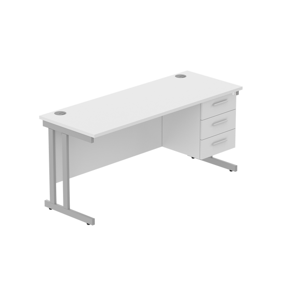 Office Rectangular Desk with Steel Double Upright Cantilever Legs + 3 Drawer Fixed Pedestal (FSC) | 1600X600 | Arctic White/Silver