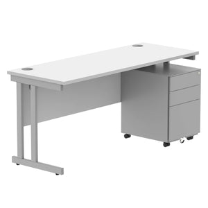 Double Upright Rectangular Desk + Under Desk Steel Pedestal 3 Drawers (FSC) | 1600X600 | Arctic White/Silver