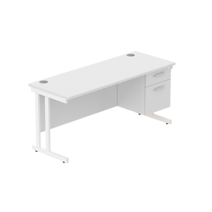 Office Rectangular Desk with Steel Double Upright Cantilever Legs + 2 Drawer Fixed Pedestal (FSC) | 1600X600 | Arctic White/White