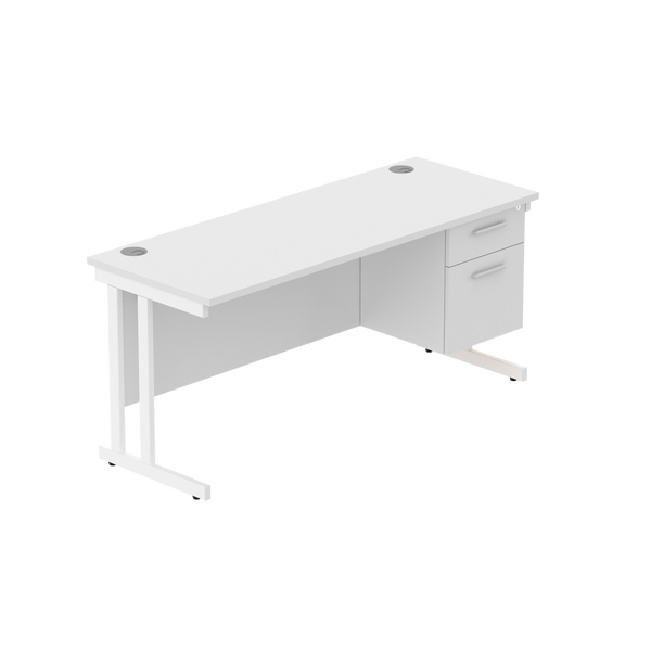 Office Rectangular Desk with Steel Double Upright Cantilever Legs + 2 Drawer Fixed Pedestal (FSC) | 1600X600 | Arctic White/White