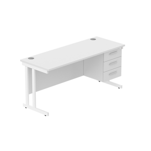 Office Rectangular Desk with Steel Double Upright Cantilever Legs + 3 Drawer Fixed Pedestal (FSC) | 1600X600 | Arctic White/White