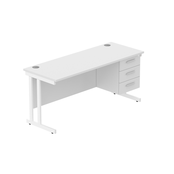 Office Rectangular Desk with Steel Double Upright Cantilever Legs + 3 Drawer Fixed Pedestal (FSC) | 1600X600 | Arctic White/White