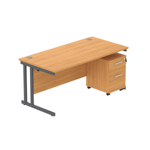 Double Upright Rectangular Desk + 2 Drawer Mobile Under Desk Pedestal (FSC) | 1600X800 | Norwegian Beech/Graphite