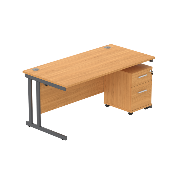 Double Upright Rectangular Desk + 2 Drawer Mobile Under Desk Pedestal (FSC) | 1600X800 | Norwegian Beech/Graphite