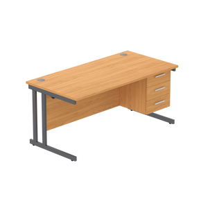 Office Rectangular Desk with Steel Double Upright Cantilever Legs + 3 Drawer Fixed Pedestal (FSC) | 1600X800 | Norwegian Beech/Graphite