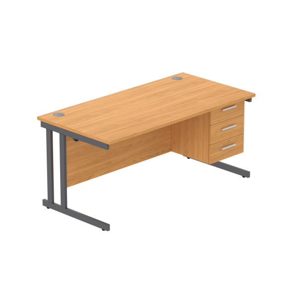 Office Rectangular Desk with Steel Double Upright Cantilever Legs + 3 Drawer Fixed Pedestal (FSC) | 1600X800 | Norwegian Beech/Graphite