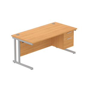 Office Rectangular Desk with Steel Double Upright Cantilever Legs + 2 Drawer Fixed Pedestal (FSC) | 1600X800 | Norwegian Beech/Silver