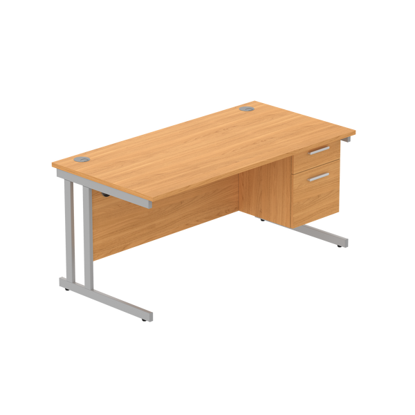 Office Rectangular Desk with Steel Double Upright Cantilever Legs + 2 Drawer Fixed Pedestal (FSC) | 1600X800 | Norwegian Beech/Silver