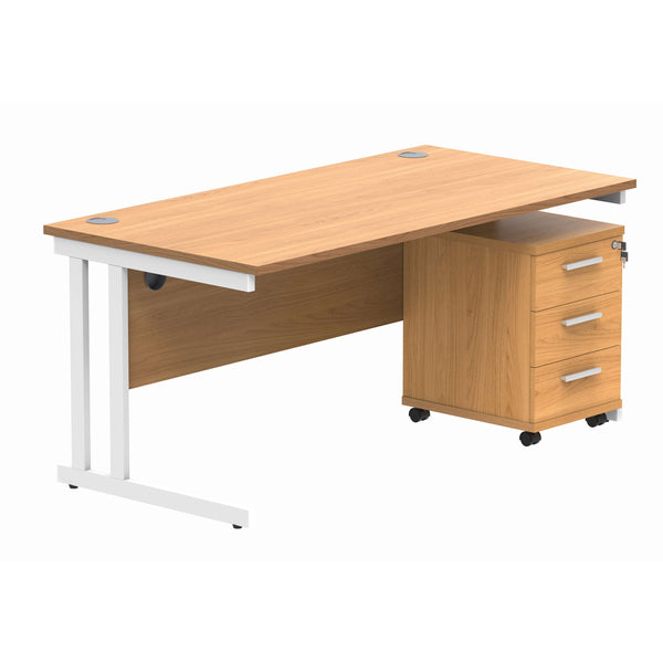 Double Upright Rectangular Desk + 3 Drawer Mobile Under Desk Pedestal (FSC) | 1600X800 | Norwegian Beech/White