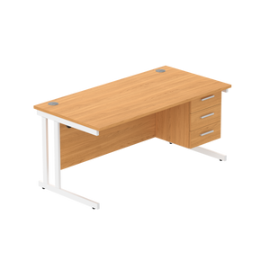 Office Rectangular Desk with Steel Double Upright Cantilever Legs + 3 Drawer Fixed Pedestal (FSC) | 1600X800 | Norwegian Beech/White