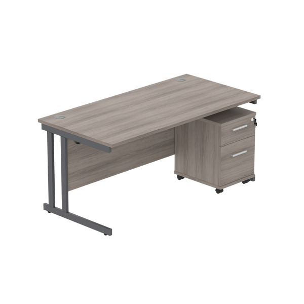 Double Upright Rectangular Desk + 2 Drawer Mobile Under Desk Pedestal (FSC) | 1600X800 | Alaskan Grey Oak/Graphite